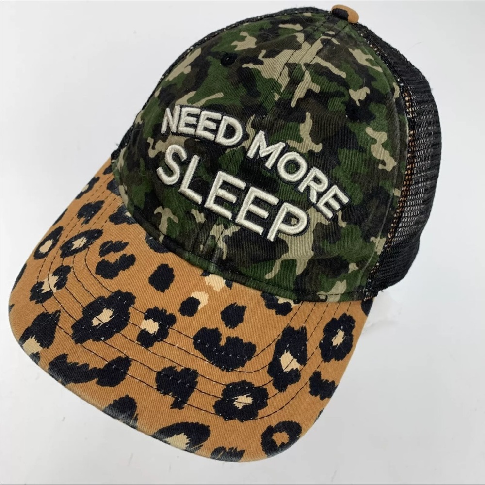 NEED MORE SLEEP EMBROIDERED GREEN CAMO TAN ANIMAL PRINT ADJUSTABLE BALL CAP
